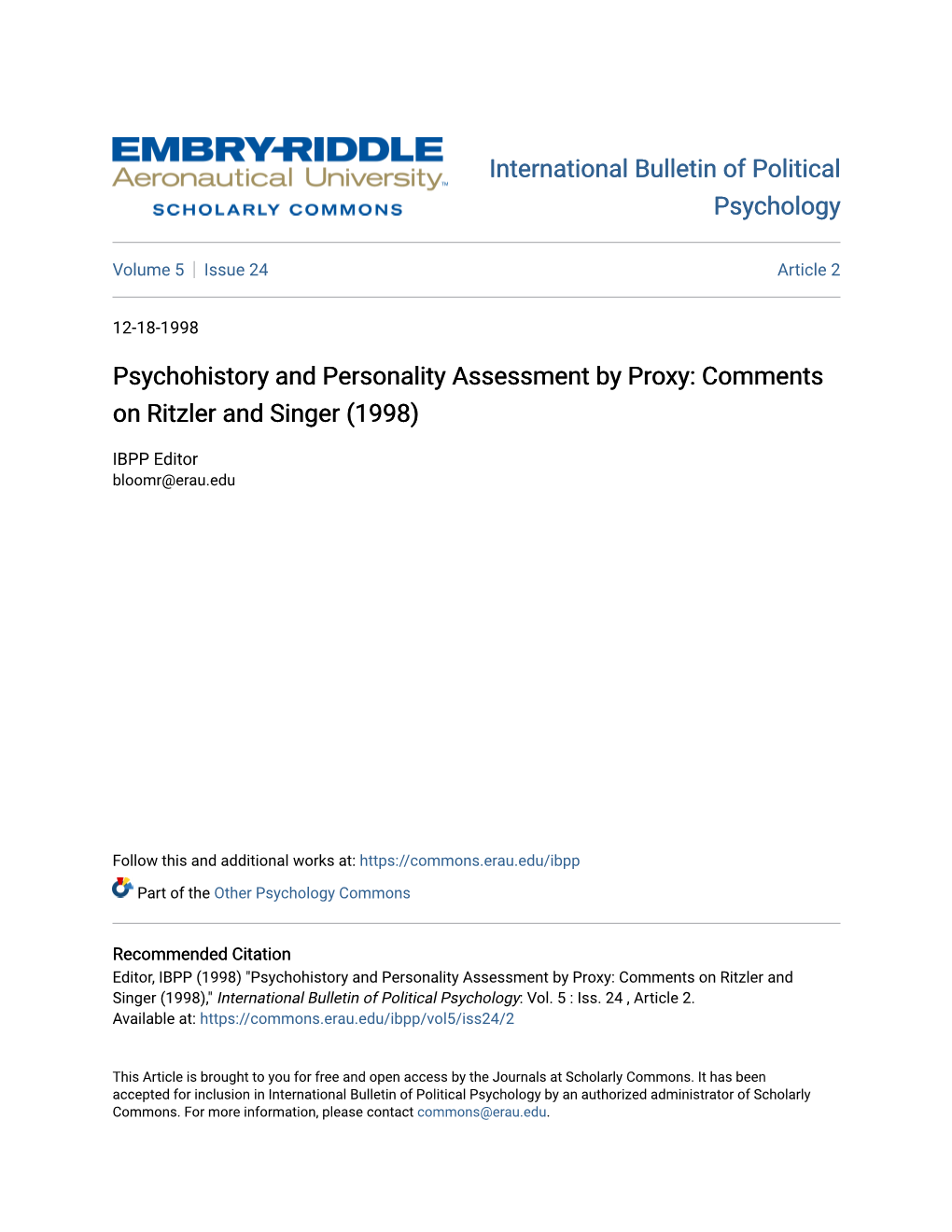 Psychohistory and Personality Assessment by Proxy: Comments on Ritzler and Singer (1998)