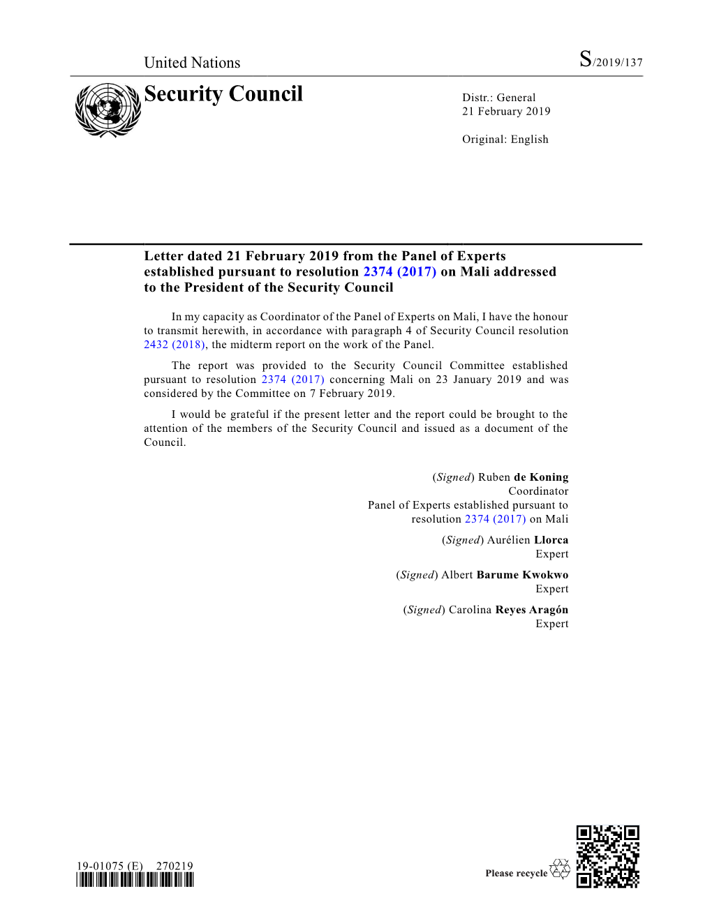 Security Council Distr.: General 21 February 2019