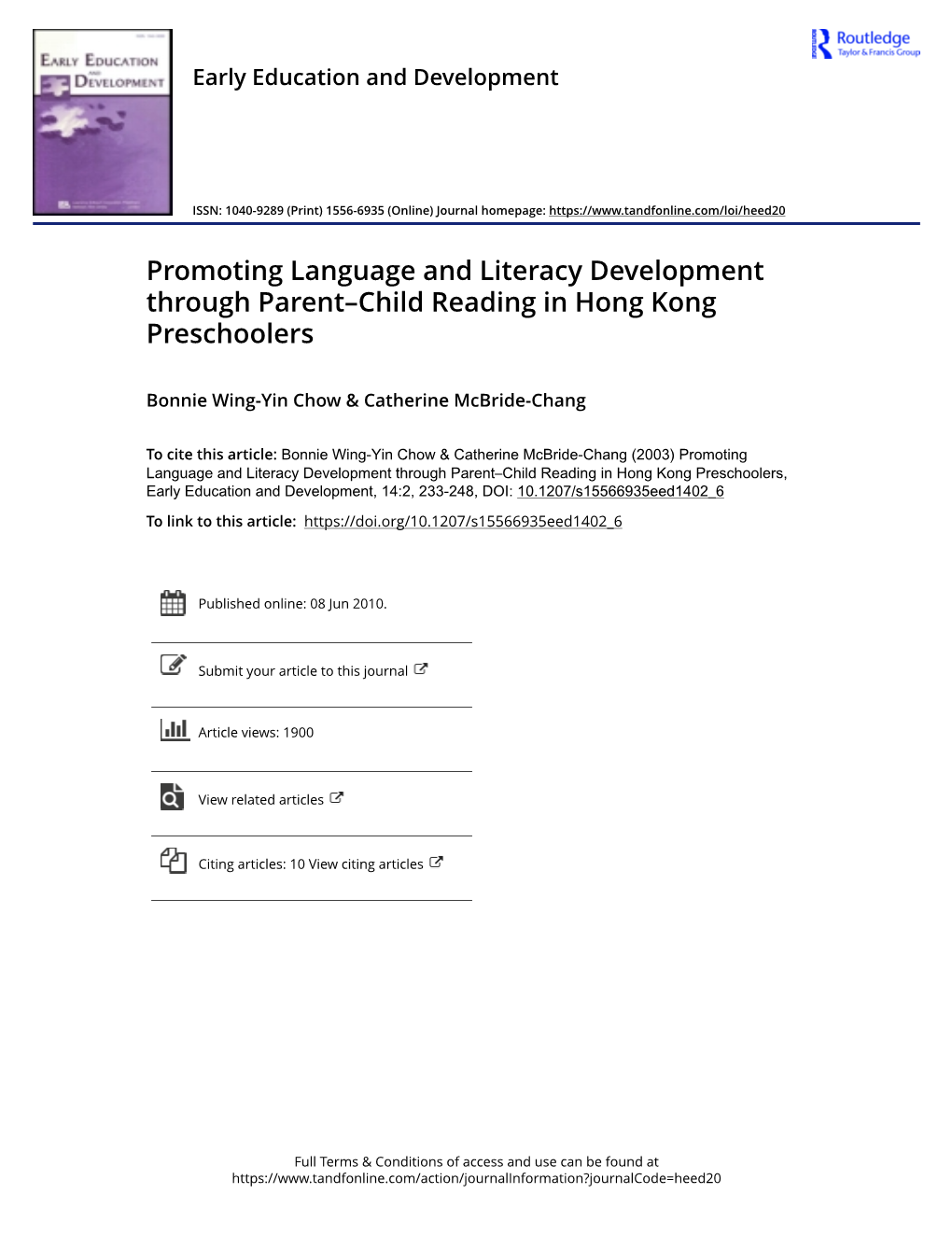 Promoting Language and Literacy Development Through Parent–Child Reading in Hong Kong Preschoolers