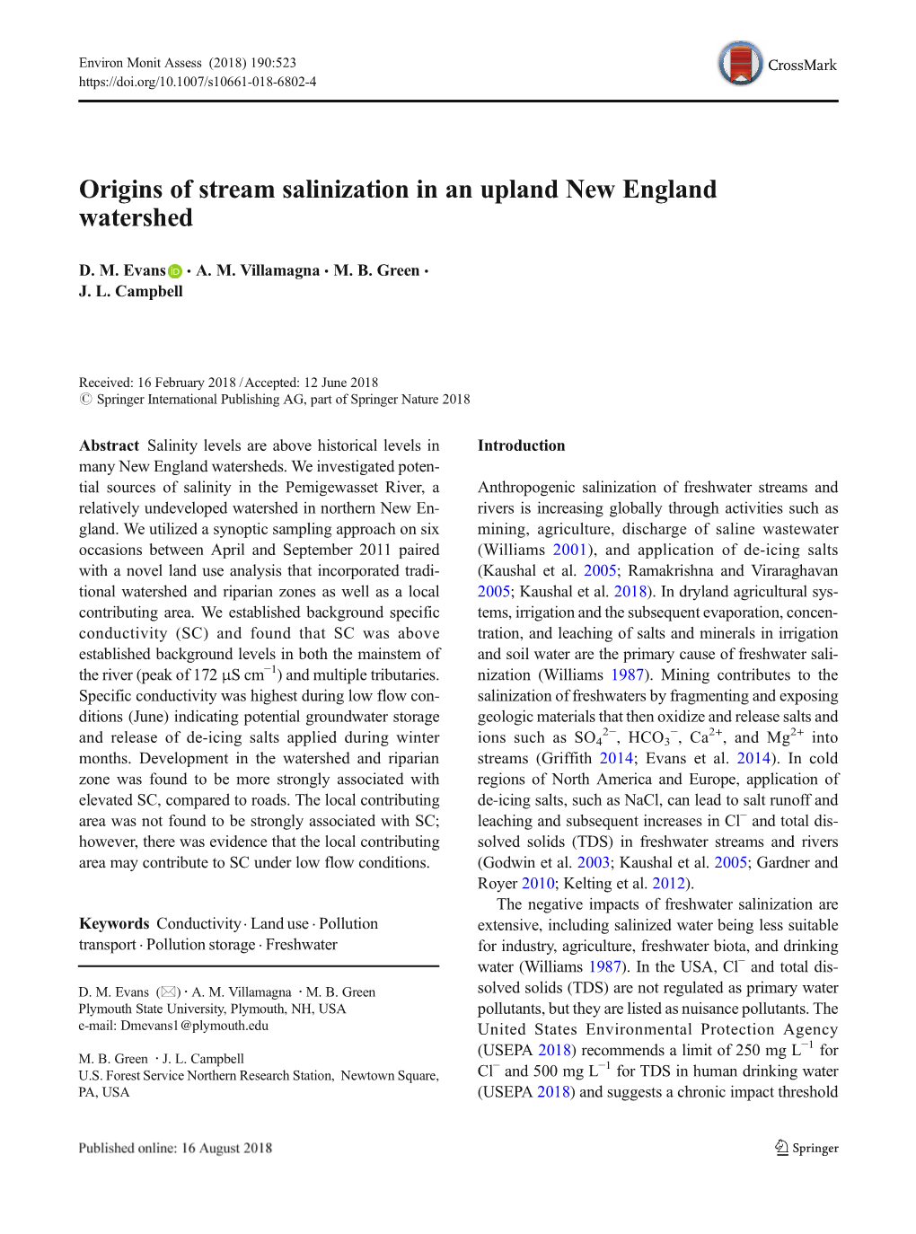 Origins of Stream Salinization in an Upland New England Watershed