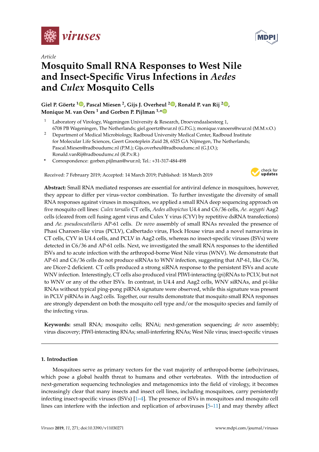 Mosquito Small RNA Responses to West Nile and Insect-Specific Virus