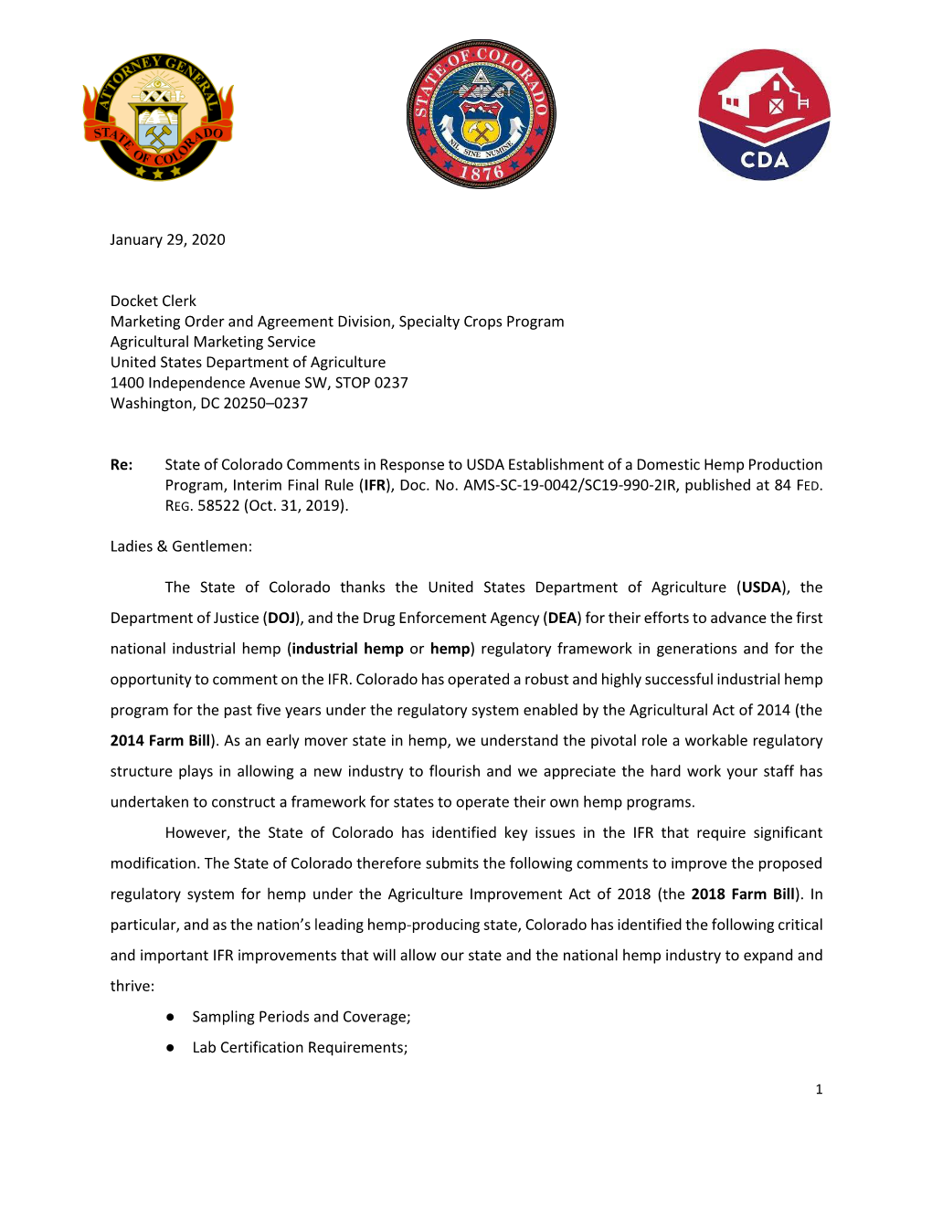 January 29, 2020 Docket Clerk Marketing Order and Agreement Division, Specialty Crops Program Agricultural Marketing Service