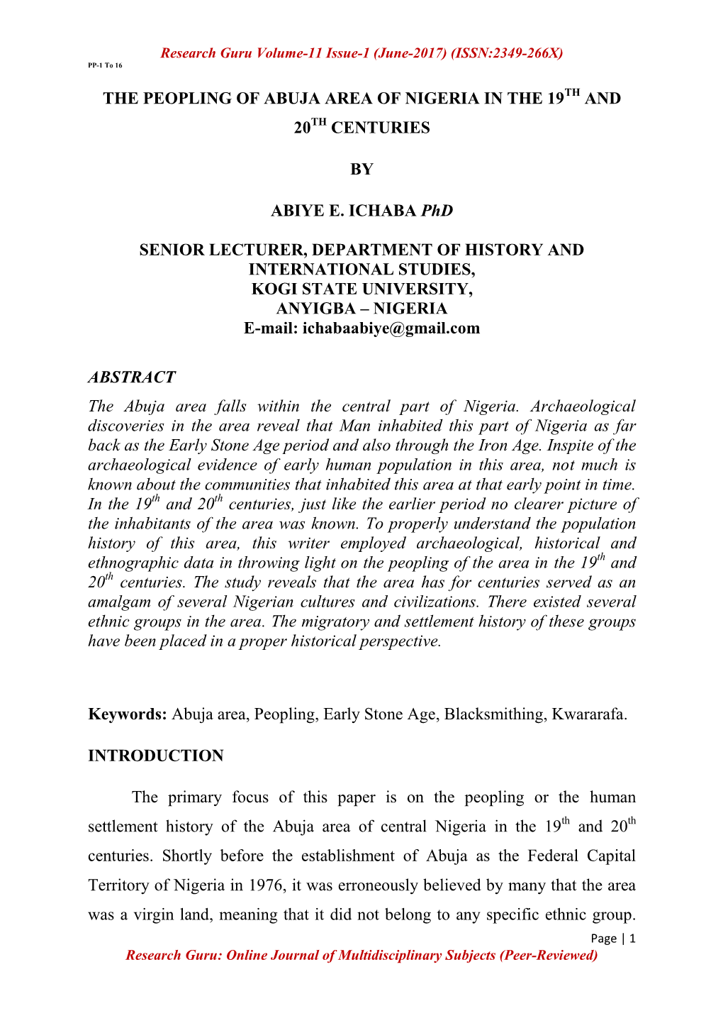 The Peopling of Abuja Area of Nigeria in the 19Th and 20Th Centuries