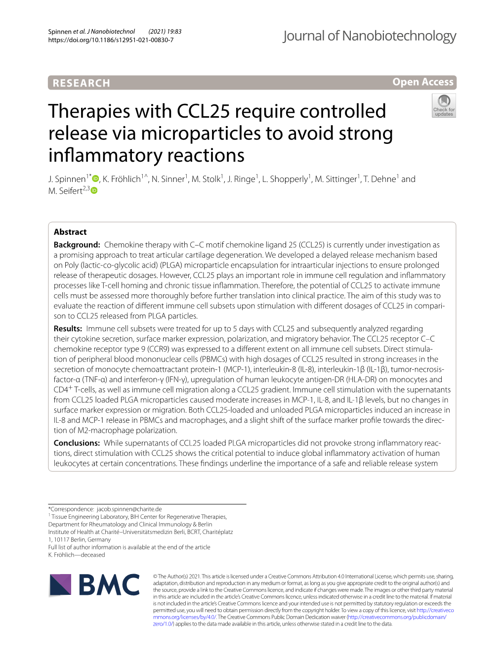 Therapies with CCL25 Require Controlled Release Via Microparticles to Avoid Strong Infammatory Reactions J