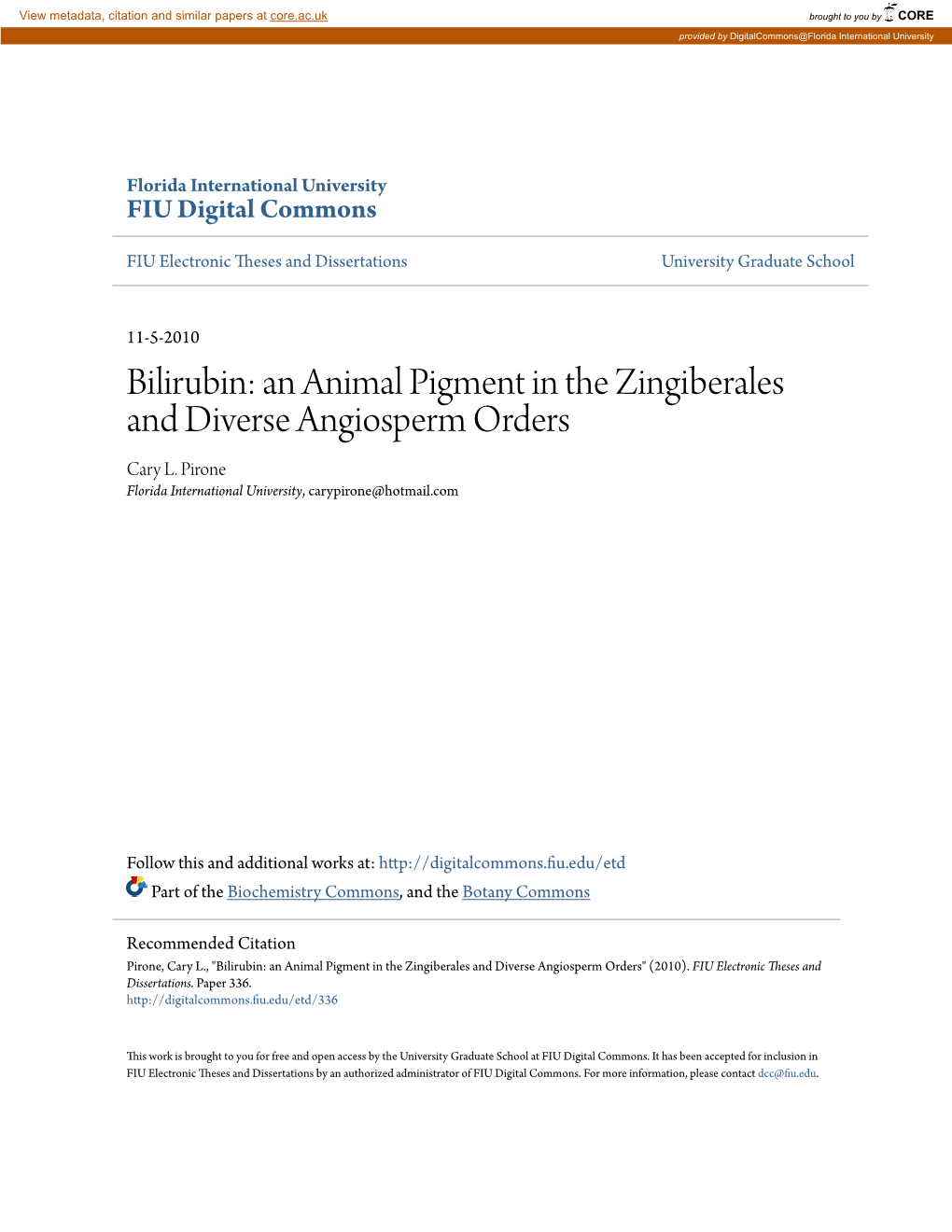 Bilirubin: an Animal Pigment in the Zingiberales and Diverse Angiosperm Orders Cary L