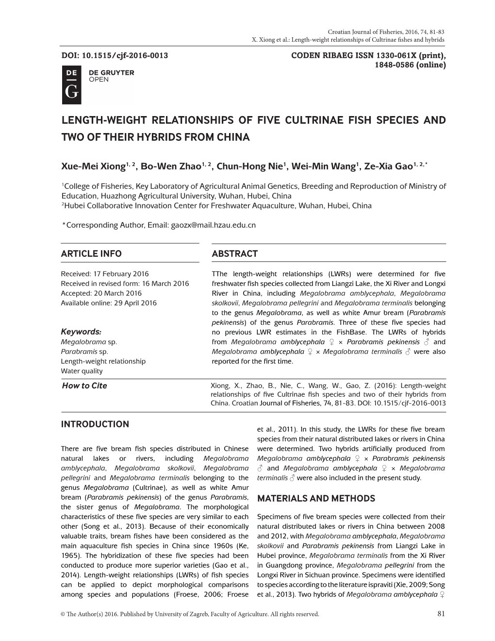 Length-Weight Relationships of Five Cultrinae Fish Species and Two of Their Hybrids from China