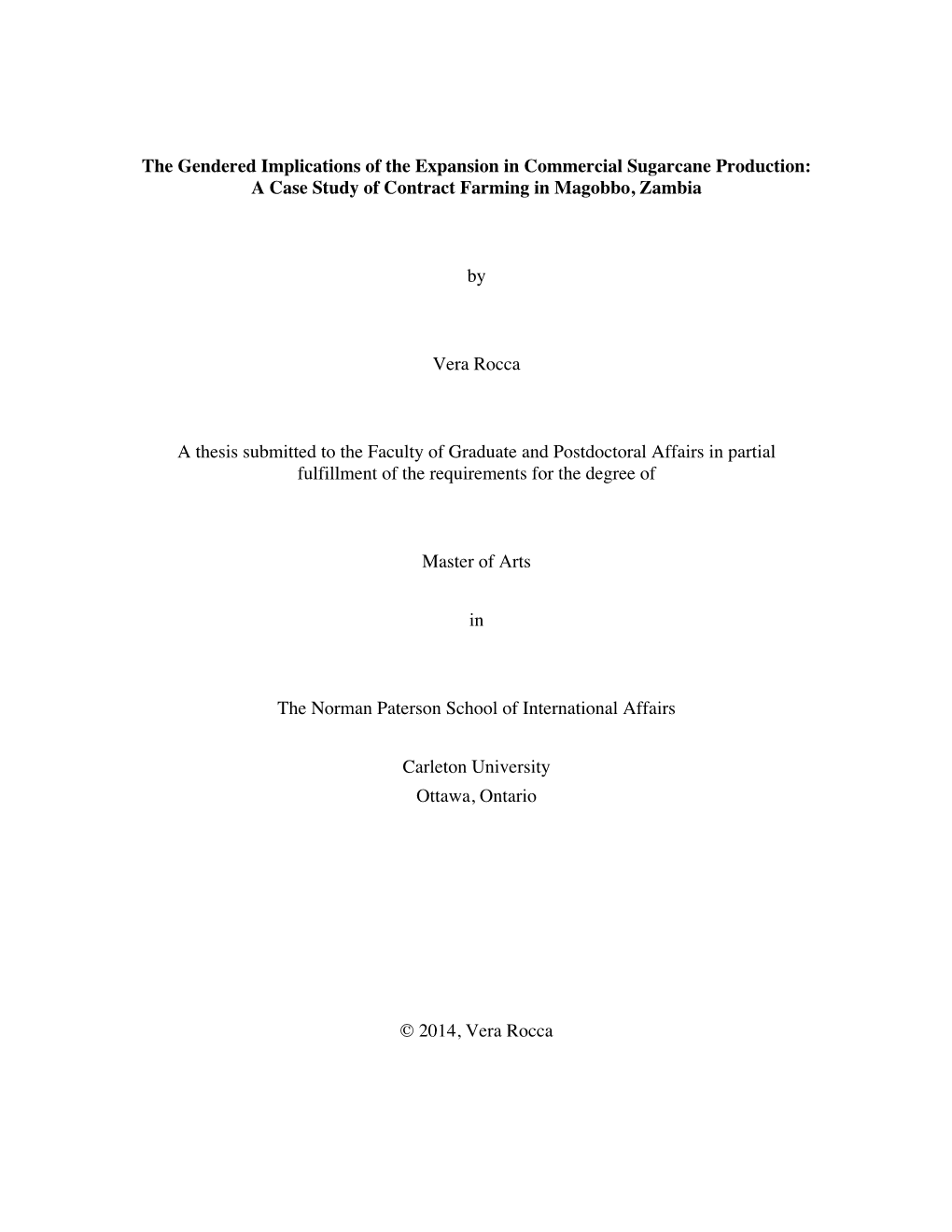 The Gendered Implications of the Expansion in Commercial Sugarcane Production: a Case Study of Contract Farming in Magobbo, Zambia