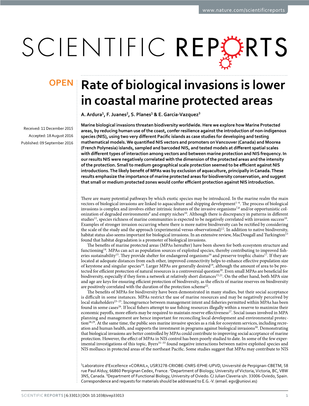 Rate of Biological Invasions Is Lower in Coastal Marine Protected Areas A