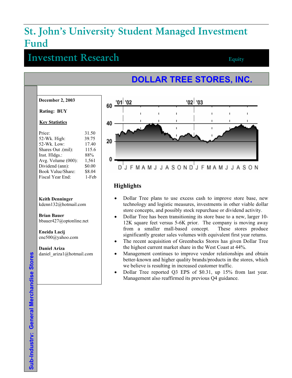 St. John's University Student Managed Investment Fund Investment