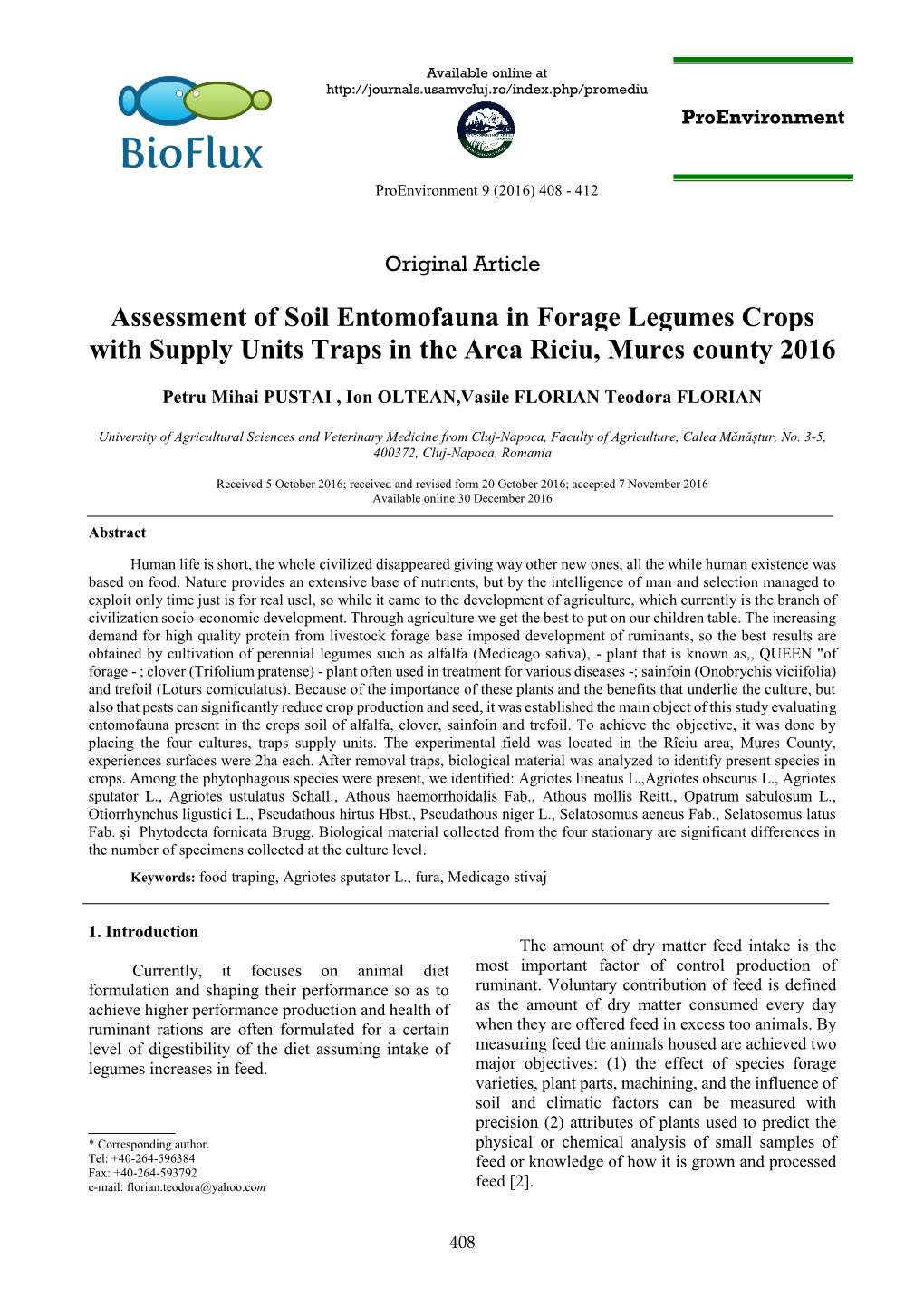 Assessment of Soil Entomofauna in Forage Legumes Crops with Supply Units Traps in the Area Riciu, Mures County 2016