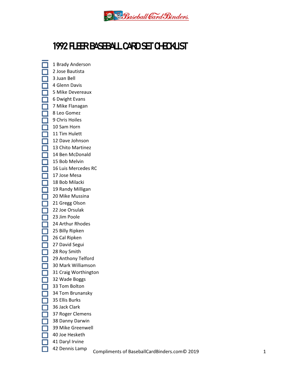 1992 Fleer Baseball Card Set Checklist