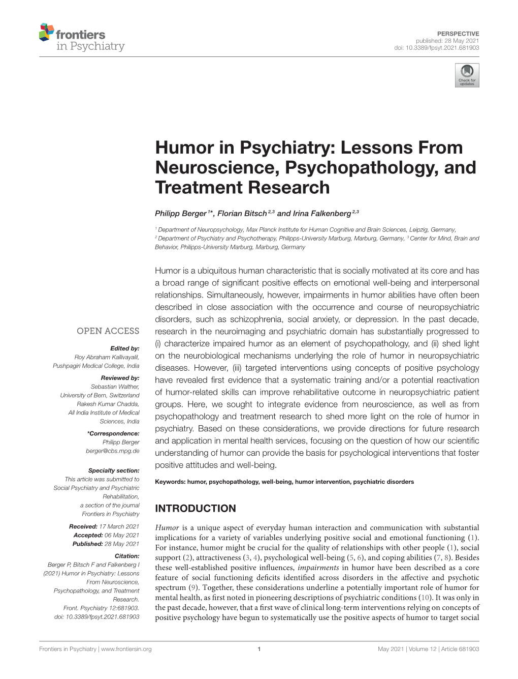 Humor in Psychiatry: Lessons from Neuroscience, Psychopathology, and Treatment Research