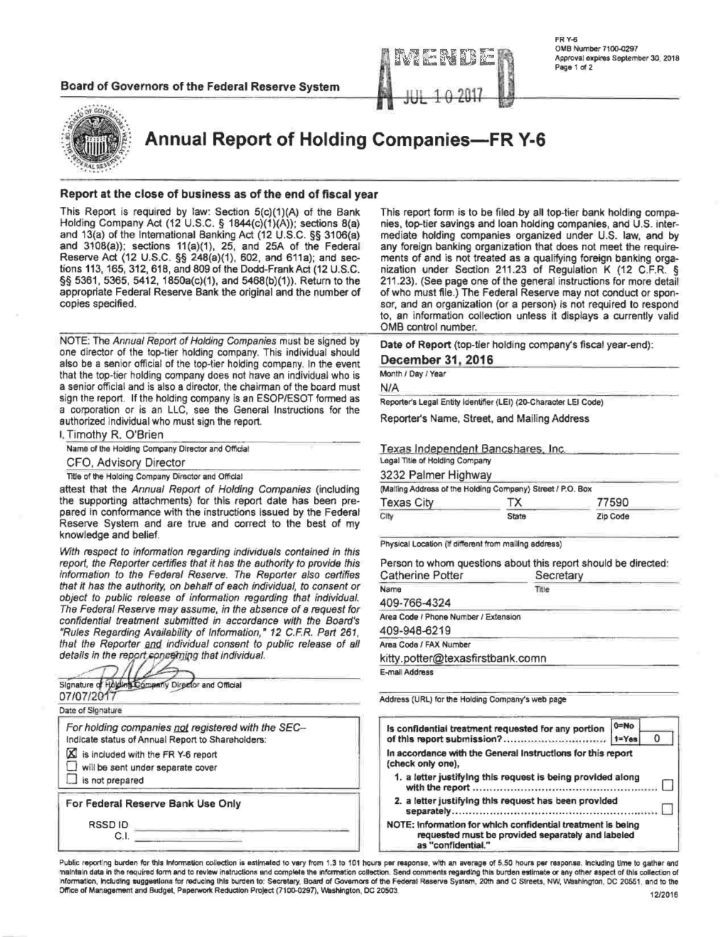 Texas Independent Bancshares, Inc. Voting Trust 86.720/O 440,401 Texas City, Texas (United States) Mihhell Chuoke, Jr., Trustee Gaddis Wittjen, Trustee Charles T