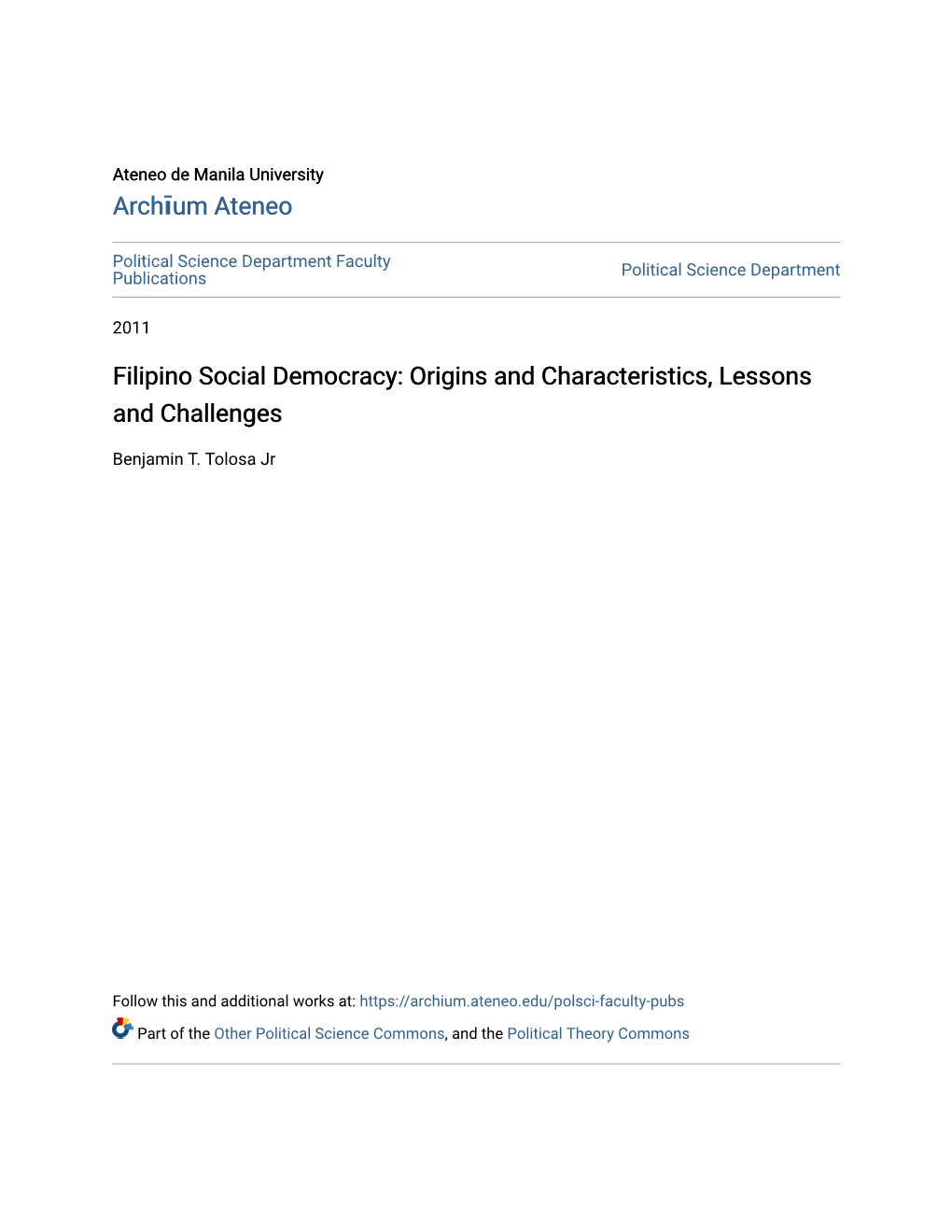 Filipino Social Democracy: Origins and Characteristics, Lessons and Challenges