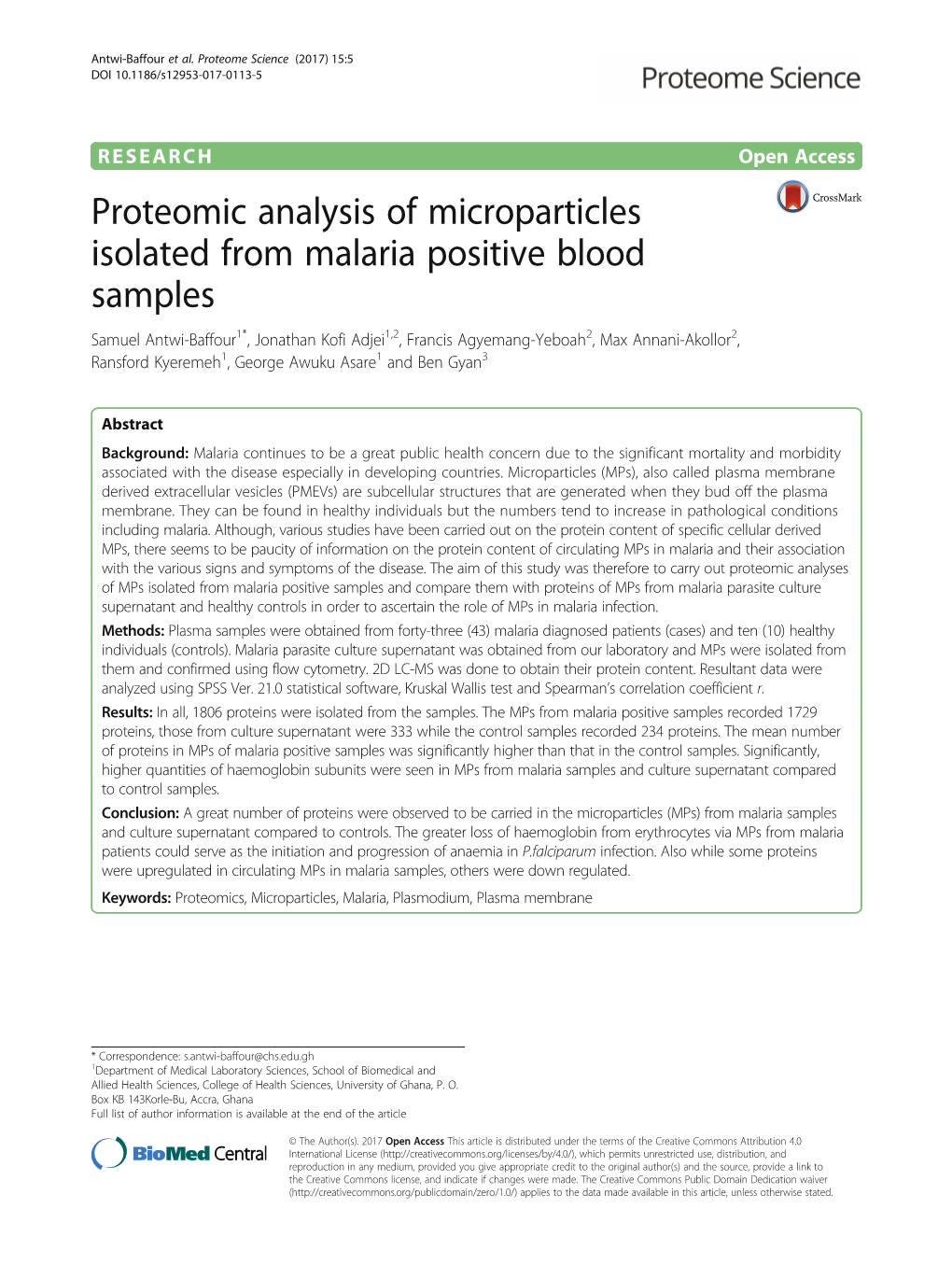 Proteomic Analysis of Microparticles Isolated from Malaria Positive Blood