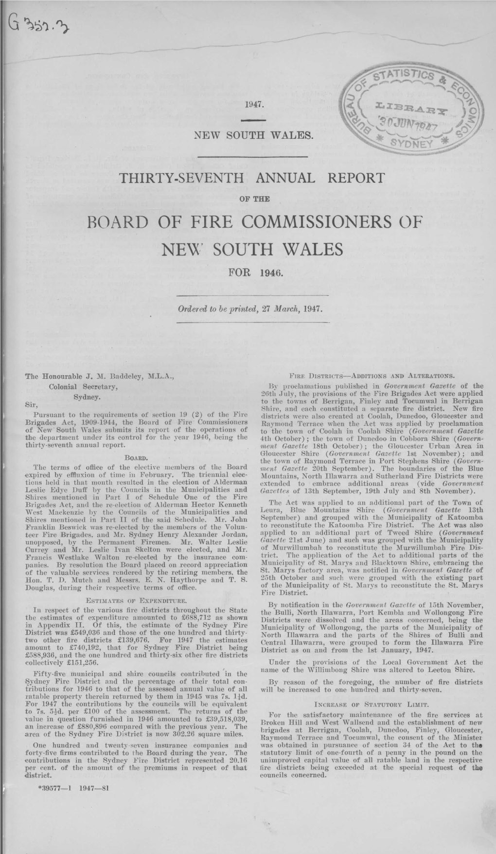 Of Fire Commissioners of Ne\X' South Wales for 1946
