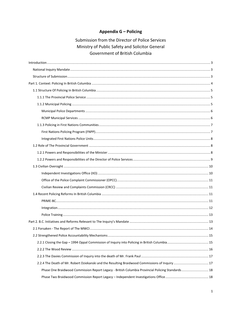 Policing Submission from the Director of Police Services Ministry of Public Safety and Solicitor General Government of British Columbia