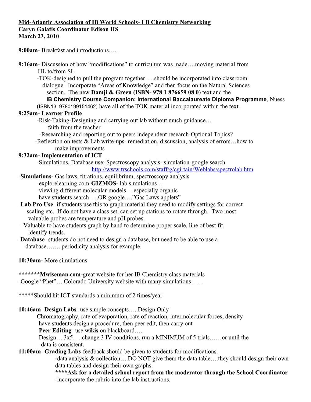 Mid-Atlantic Association of IB World Schools- I B Chemistry Networking