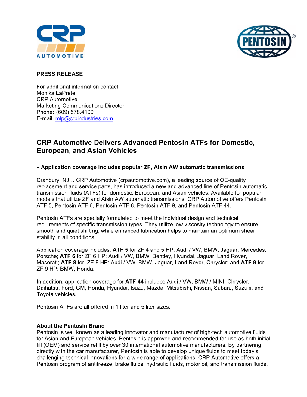 CRP Automotive Delivers Advanced Pentosin Atfs for Domestic, European, and Asian Vehicles