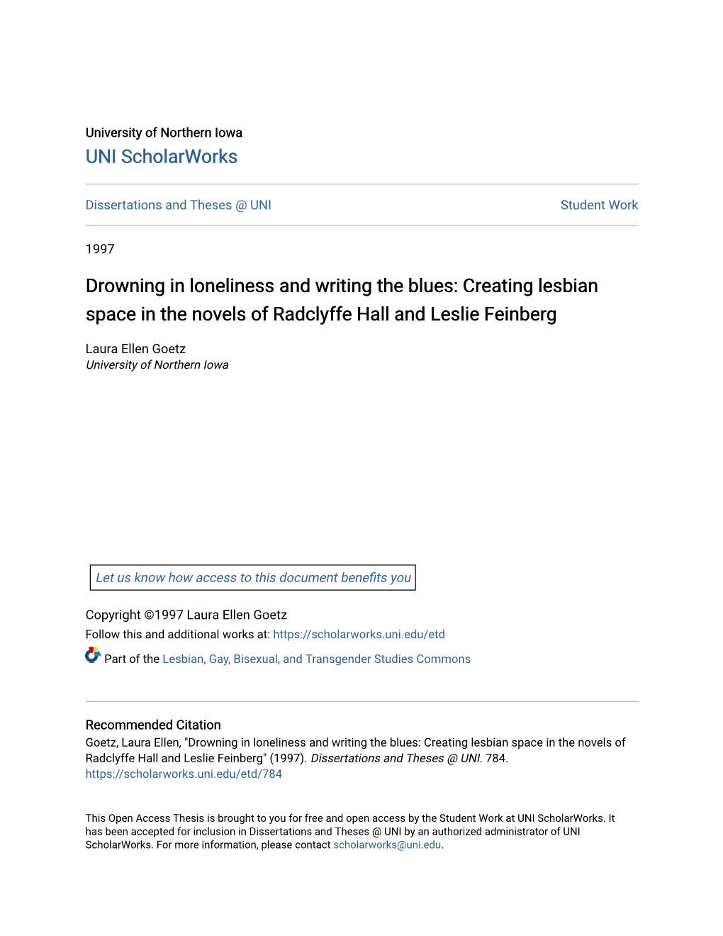 Drowning in Loneliness and Writing the Blues: Creating Lesbian Space in the Novels of Radclyffe Hall and Leslie Feinberg