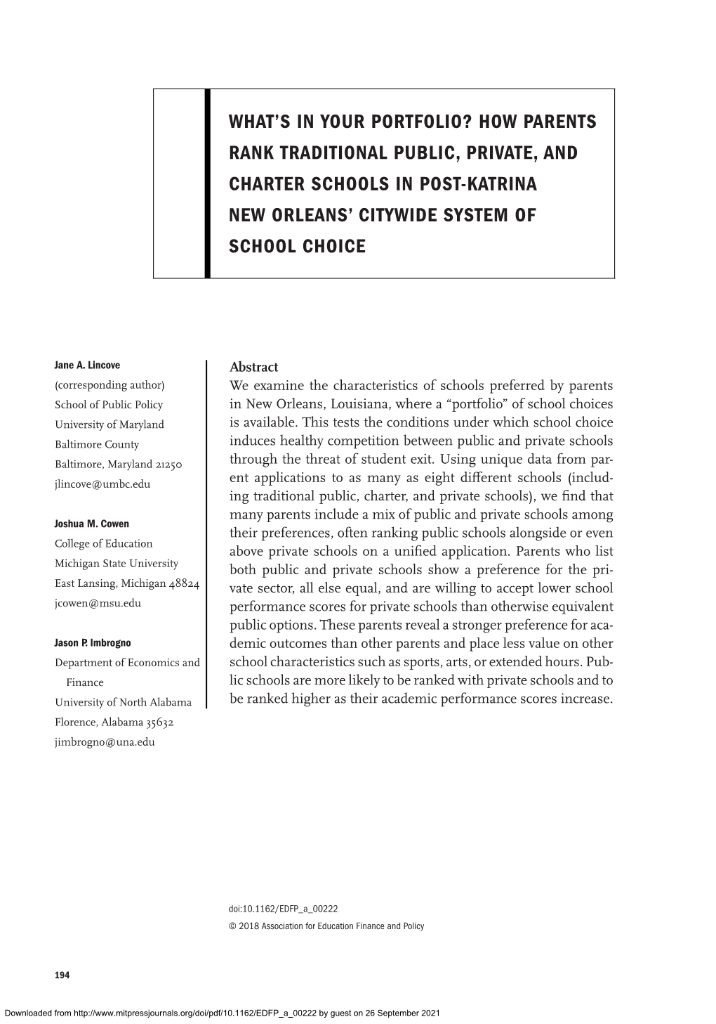 How Parents Rank Traditional Public, Private, and Charter Schools in Post-Katrina New Orleans’ Citywide System of School Choice