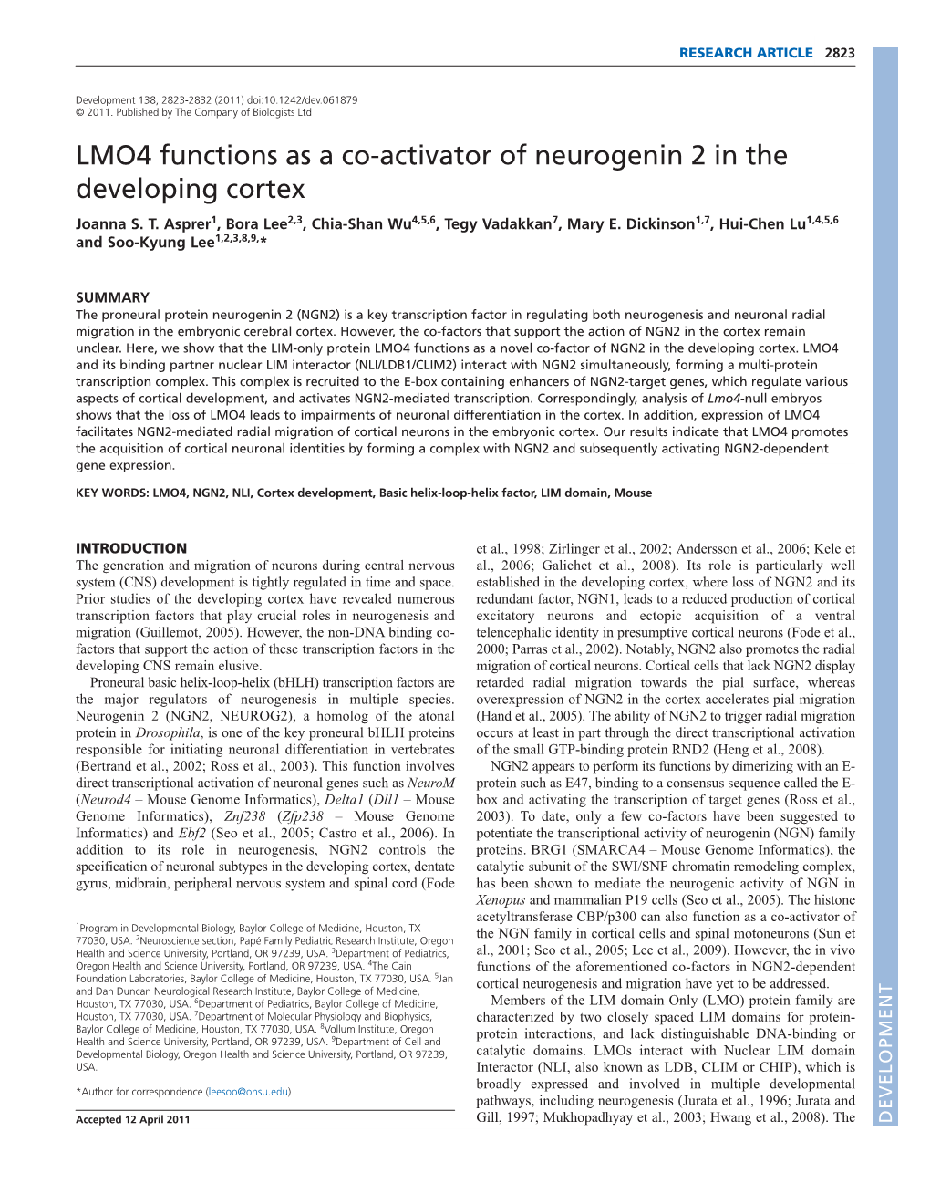 LMO4 Functions As a Co-Activator of Neurogenin 2 in the Developing Cortex Joanna S