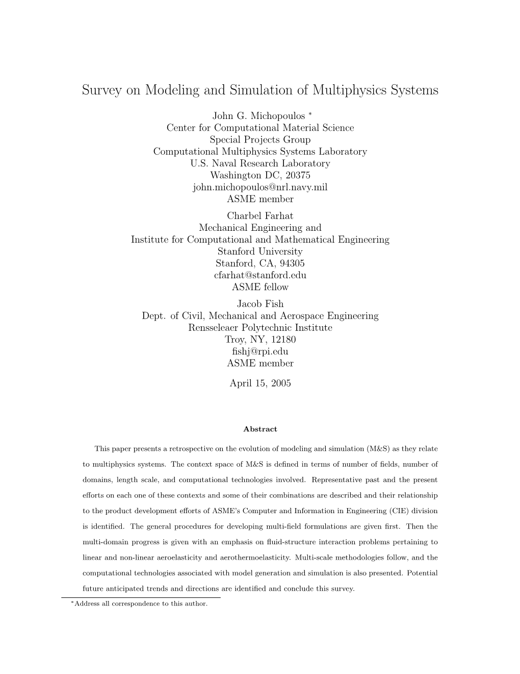 Survey on Modeling and Simulation of Multiphysics Systems