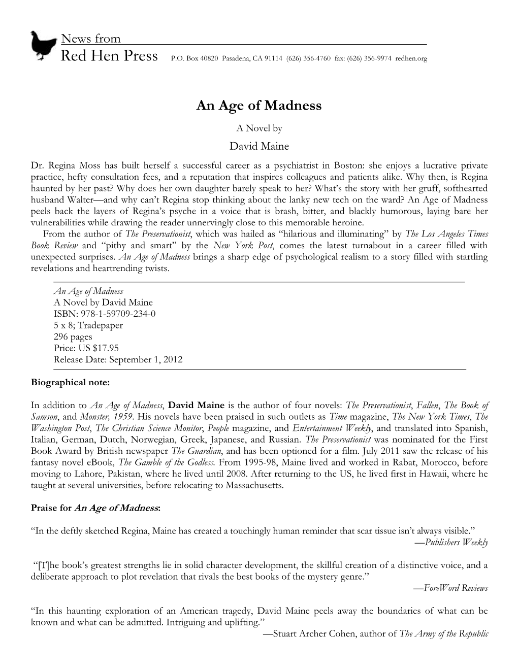 An Age of Madness a Novel by David Maine Dr