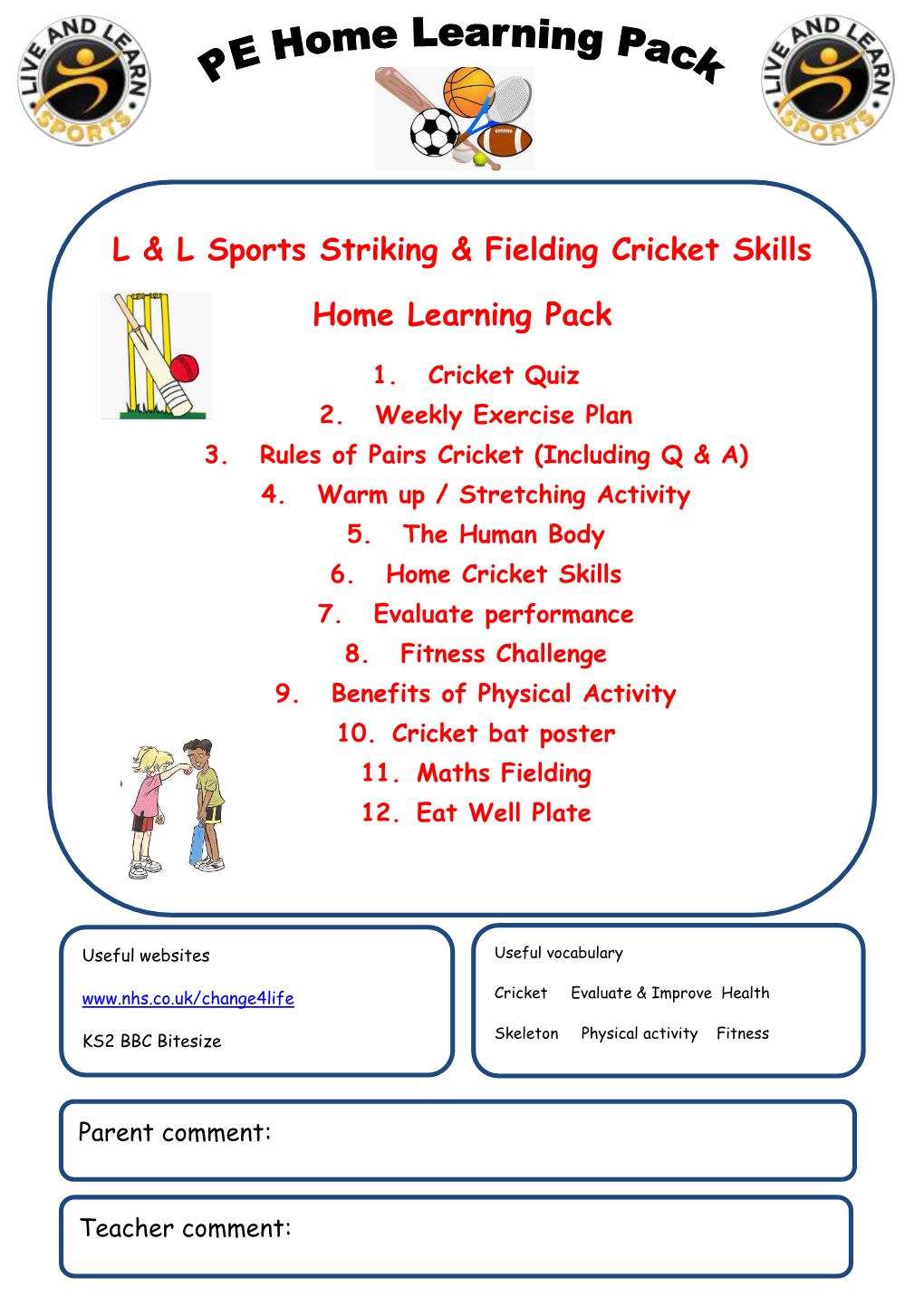 L & L Sports Striking & Fielding Cricket Skills Home Learning Pack