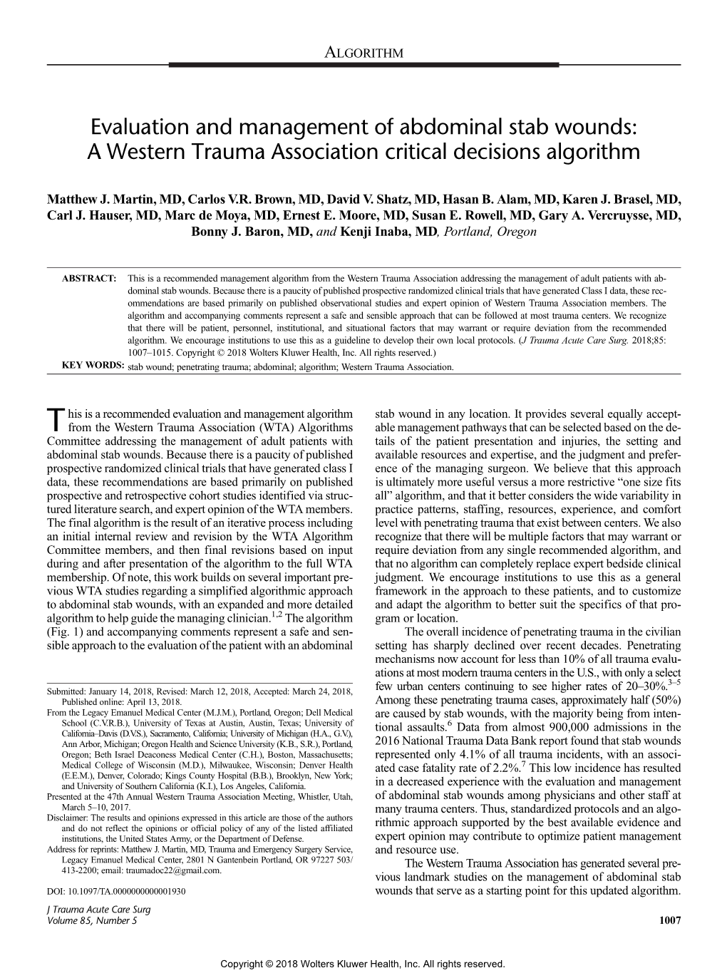 Evaluation and Management of Abdominal Stab Wounds: a Western Trauma Association Critical Decisions Algorithm