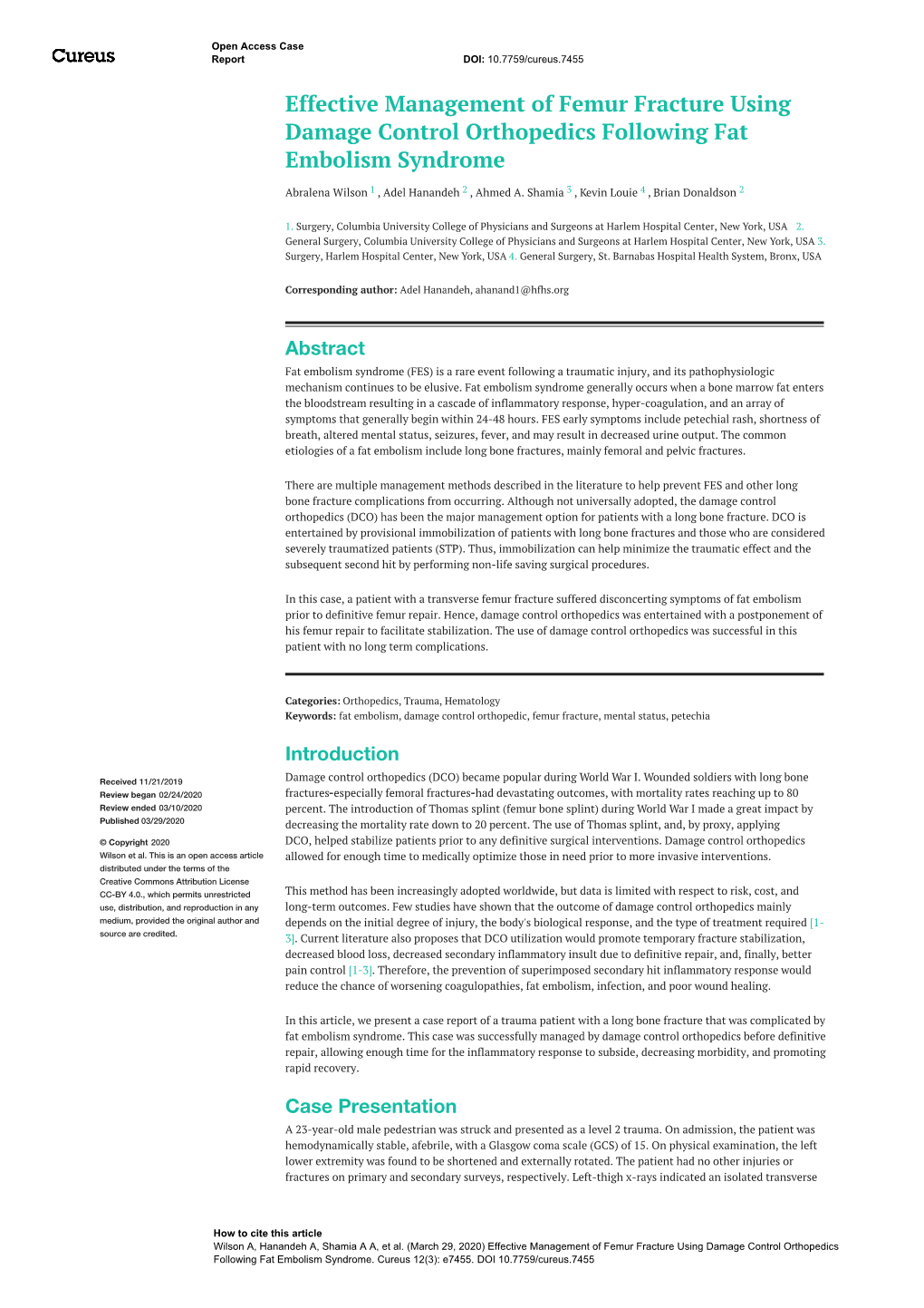 Effective Management of Femur Fracture Using Damage Control Orthopedics Following Fat Embolism Syndrome