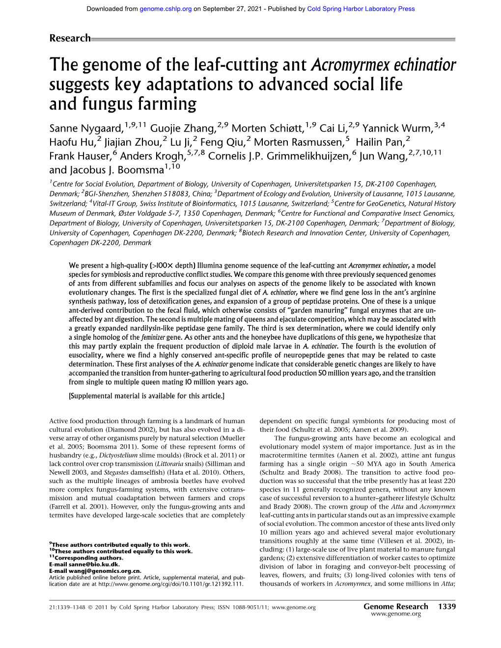 The Genome of the Leaf-Cutting Ant Acromyrmex Echinatior Suggests Key Adaptations to Advanced Social Life and Fungus Farming