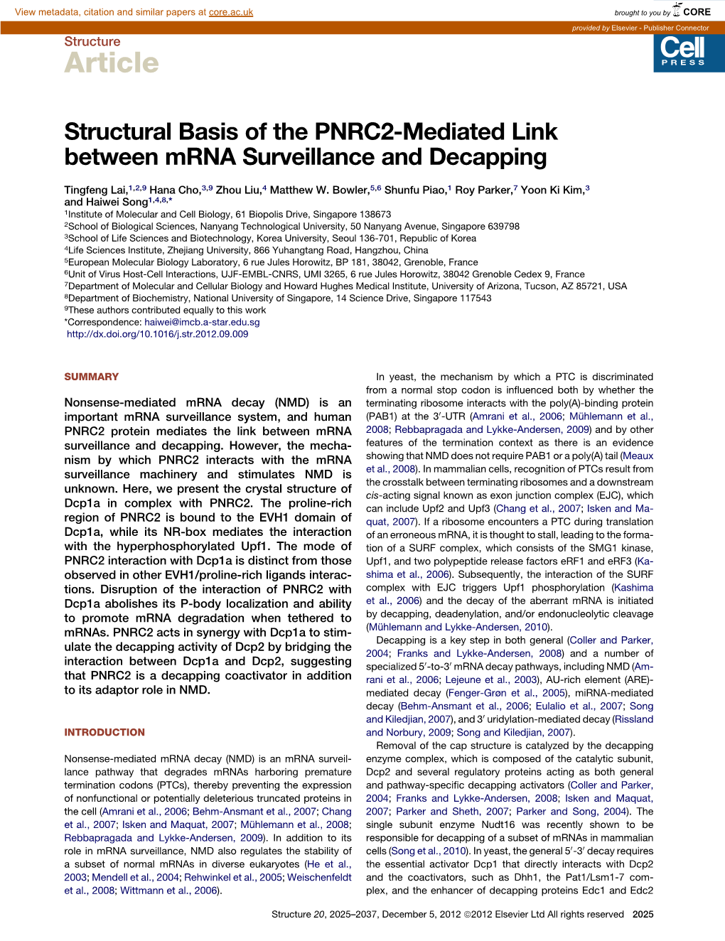 Structural Basis of the PNRC2-Mediated Link Between Mrna Surveillance and Decapping