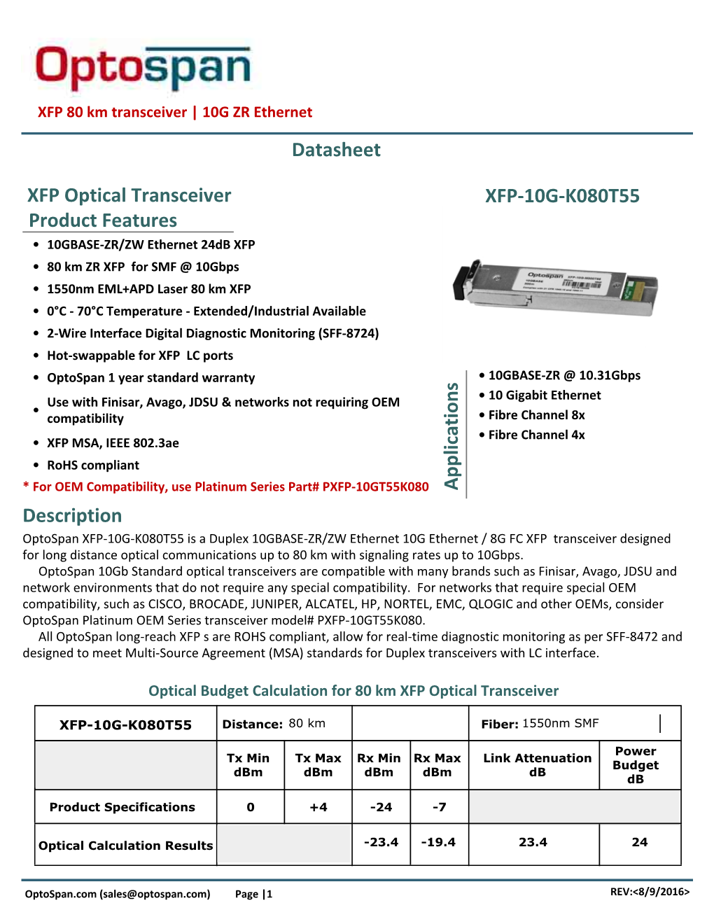 XFP 80 Km Transceiver | 10G ZR Ethernet Datasheet