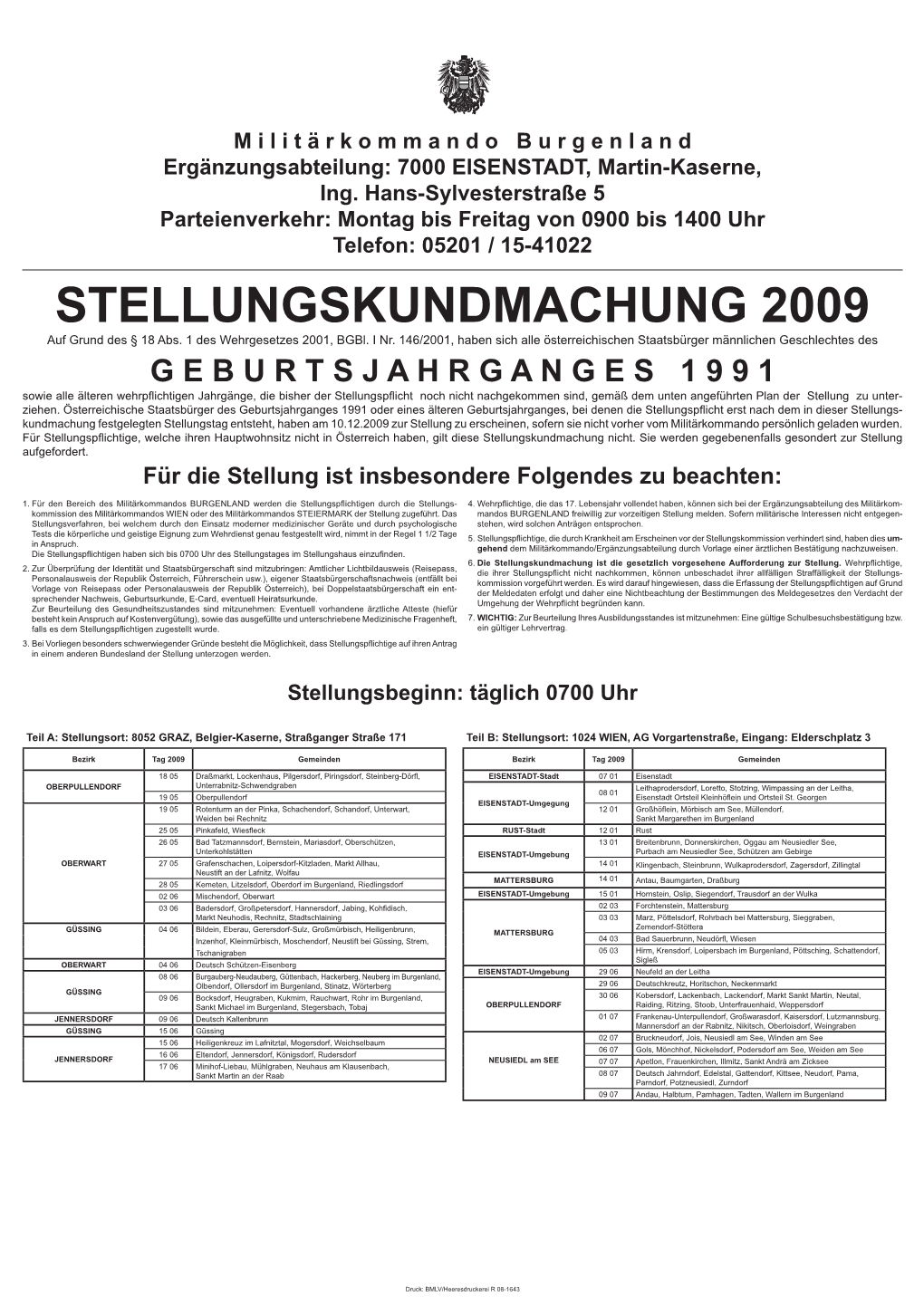 STELLUNGSKUNDMACHUNG 2009 Auf Grund Des § 18 Abs