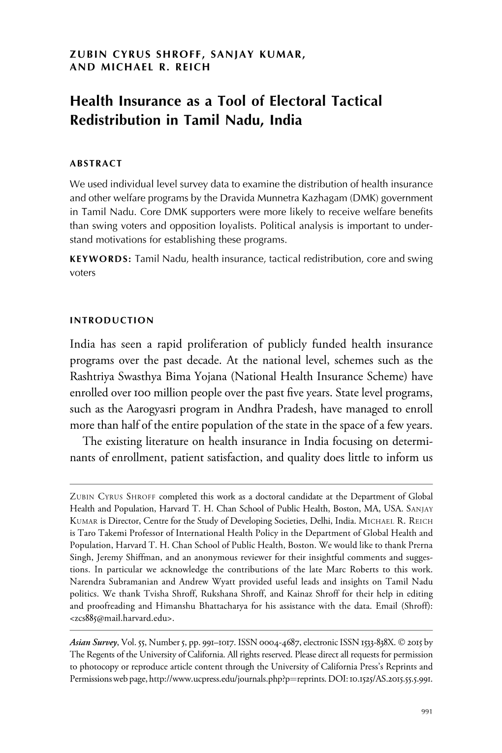 Health Insurance As a Tool of Electoral Tactical Redistribution in Tamil Nadu, India