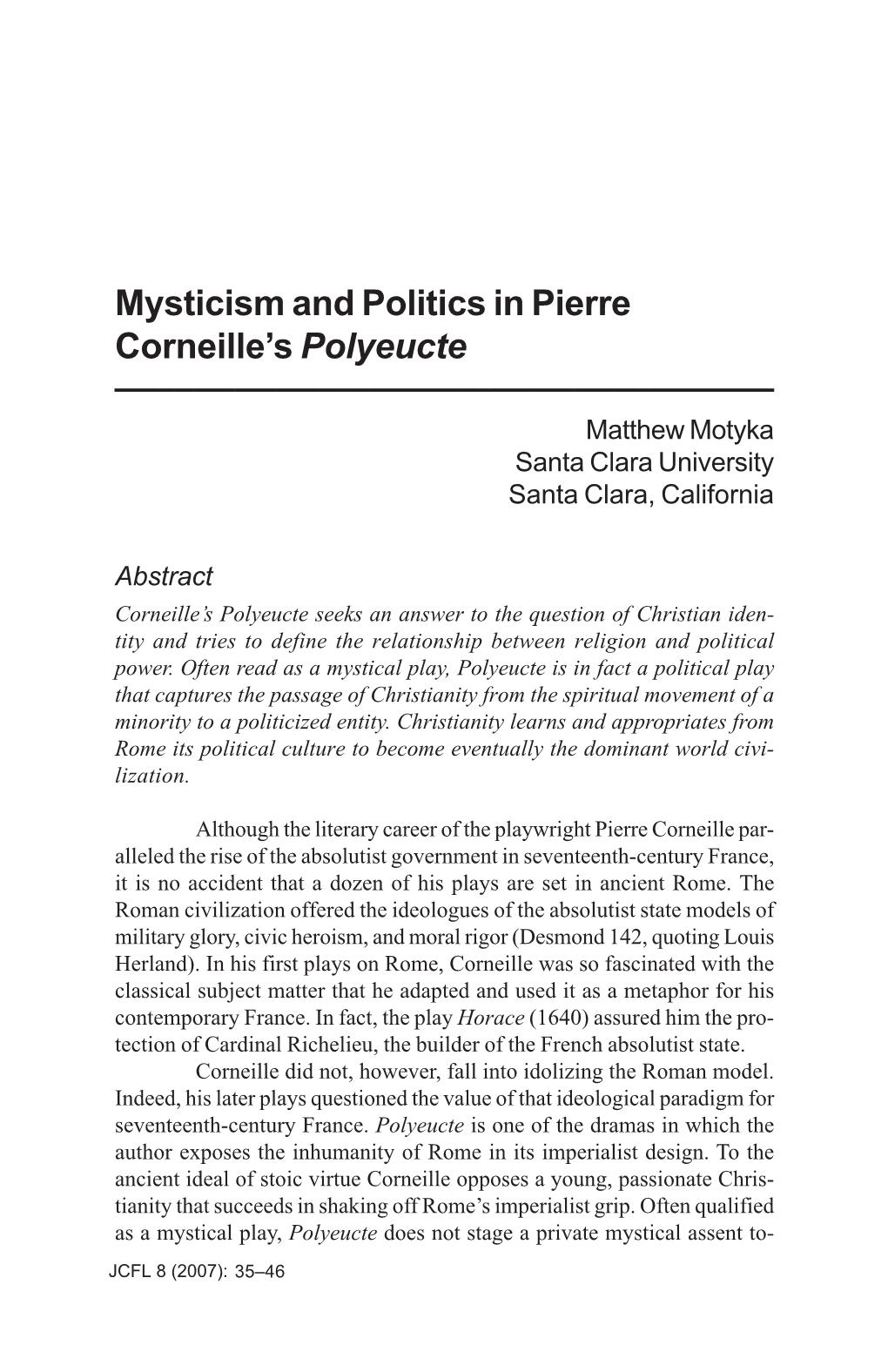 Mysticism and Politics in Pierre Corneille's Polyeucte