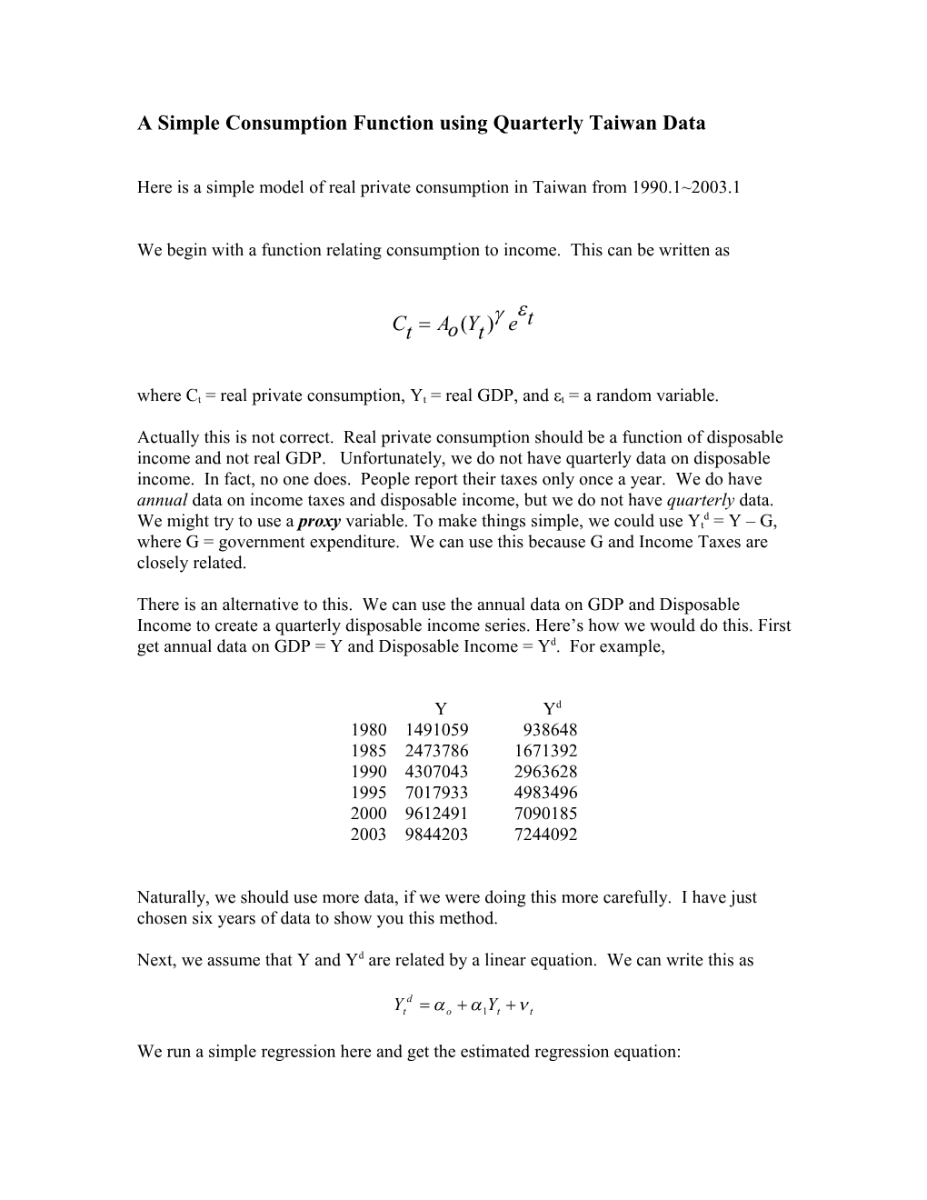 A Simple Consumption Function Using Quarterly Taiwan Data