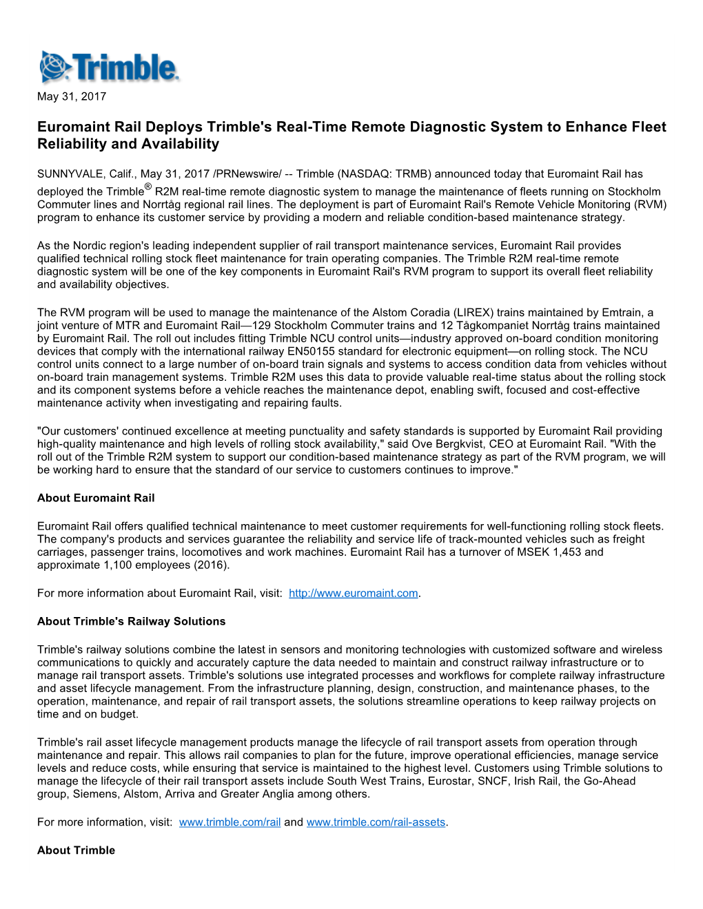 Euromaint Rail Deploys Trimble's Real-Time Remote Diagnostic System to Enhance Fleet Reliability and Availability