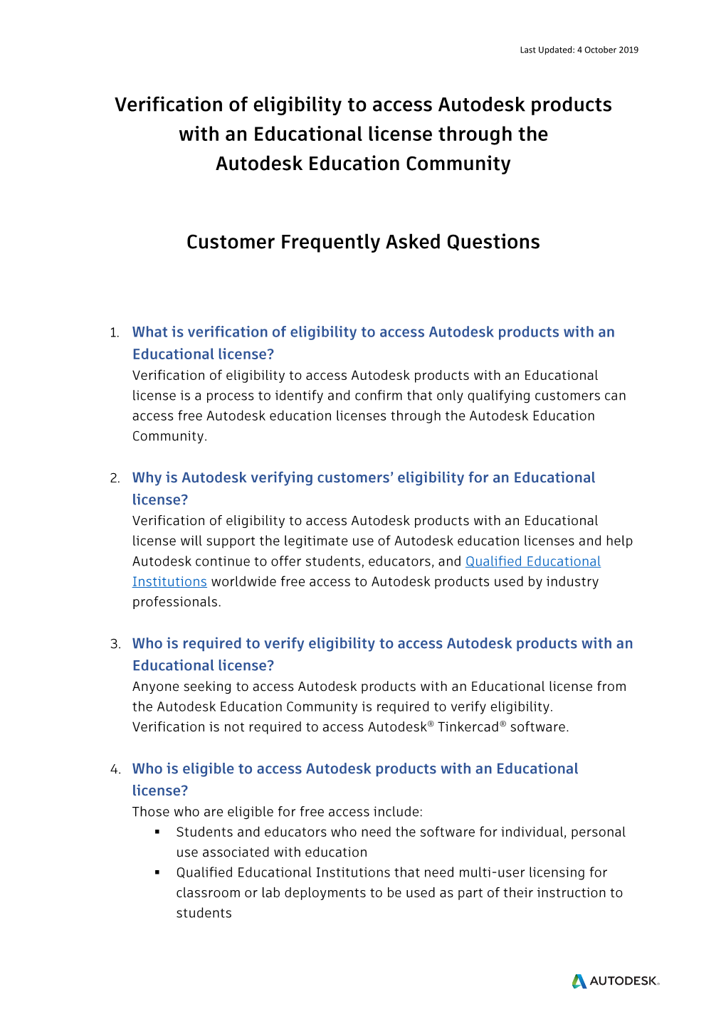 Verification of Eligibility to Access Autodesk Products with an Educational License Through the Autodesk Education Community