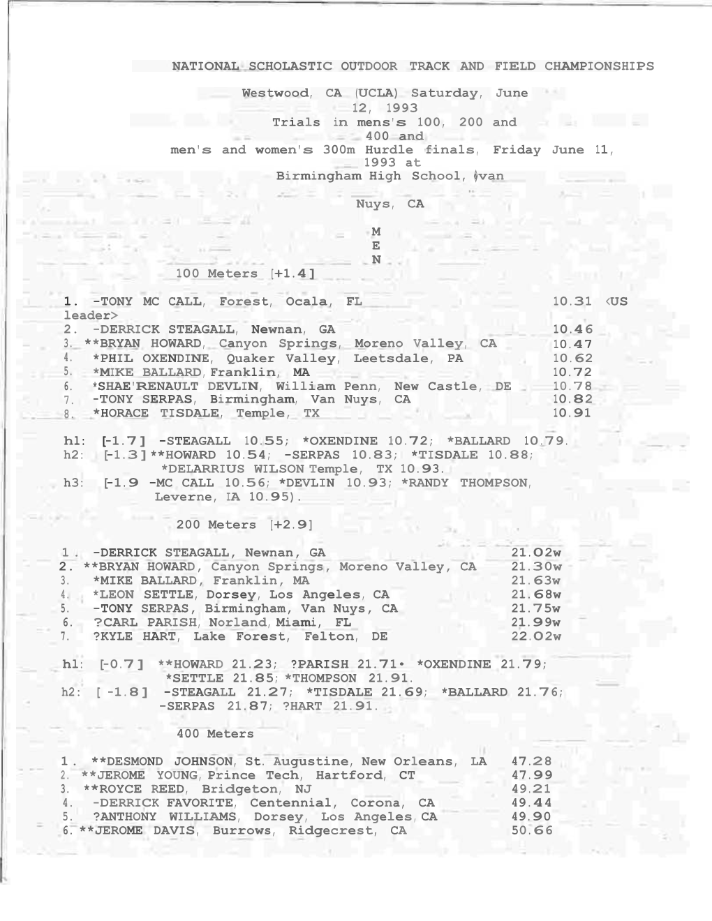 NATIONAL SCHOLASTIC OUTDOOR TRACK and FIELD CHAMPIONSHIPS Westwood, CA (UCLA) Saturday, June 12, 1993 Trials in Mens's 100