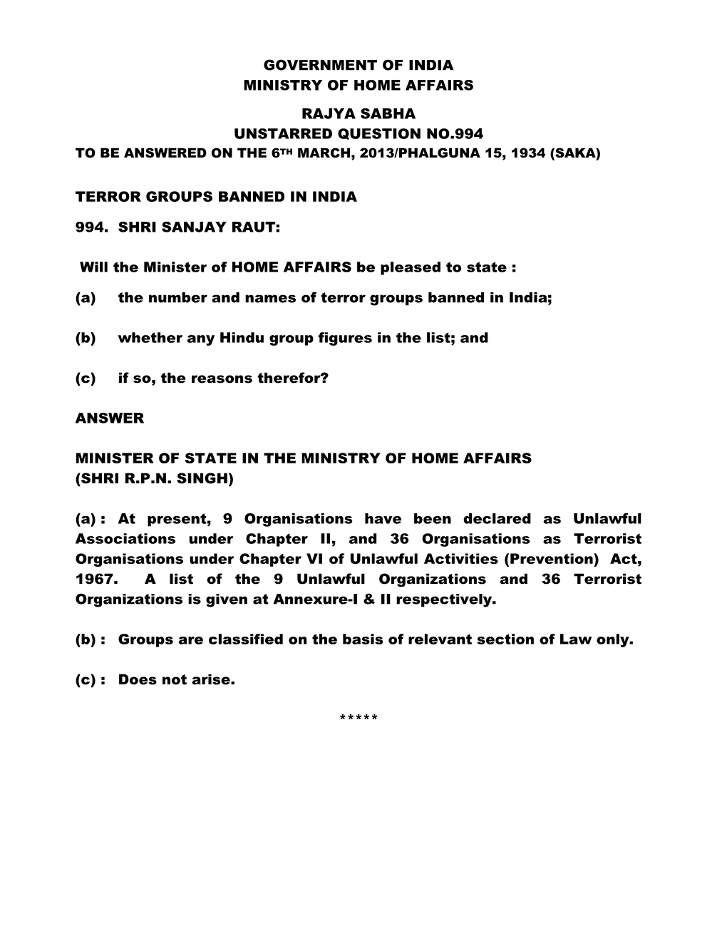 Government of India Ministry of Home Affairs Rajya Sabha Unstarred