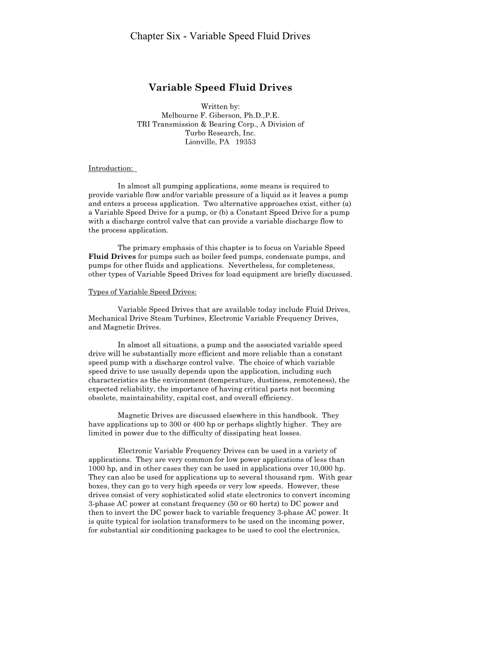 Chapter Six - Variable Speed Fluid Drives