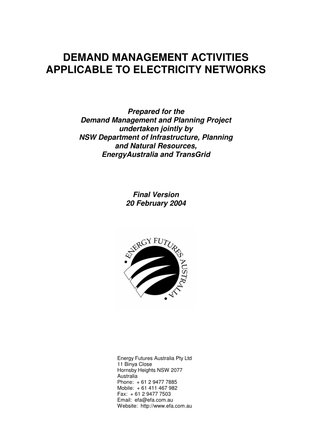 Demand Management Activities Applicable to Electricity Networks