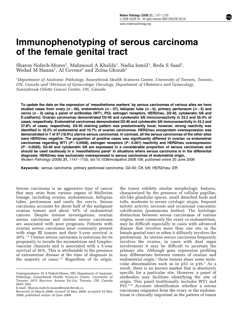 Immunophenotyping of Serous Carcinoma of the Female Genital Tract