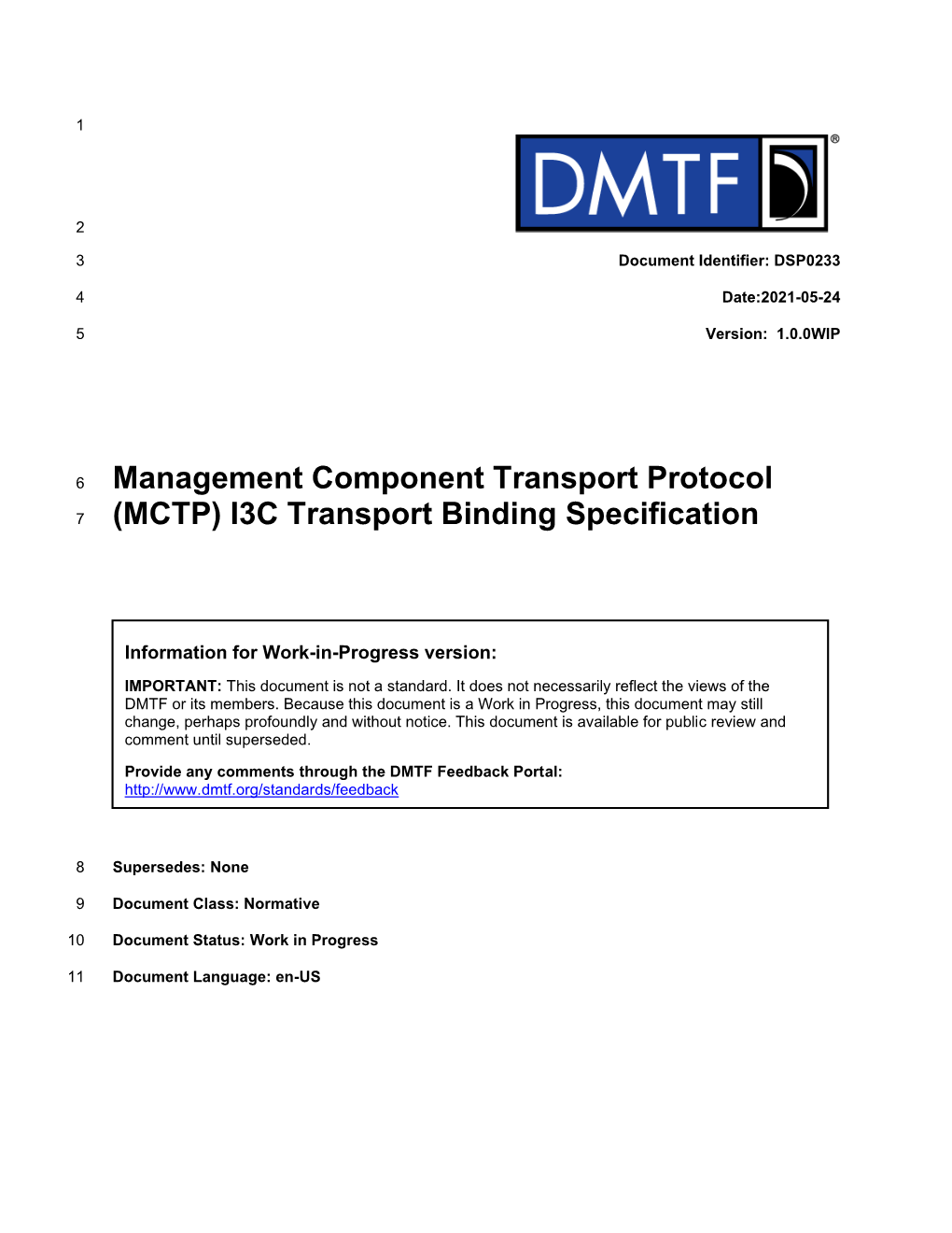 (MCTP) I3C Transport Binding Specification