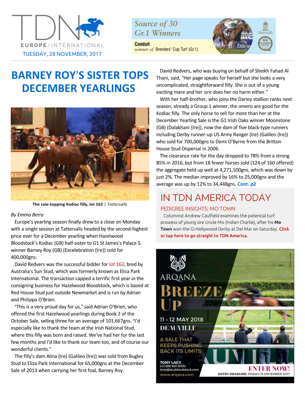 Barney Roy=S Sister Tops December Yearlings