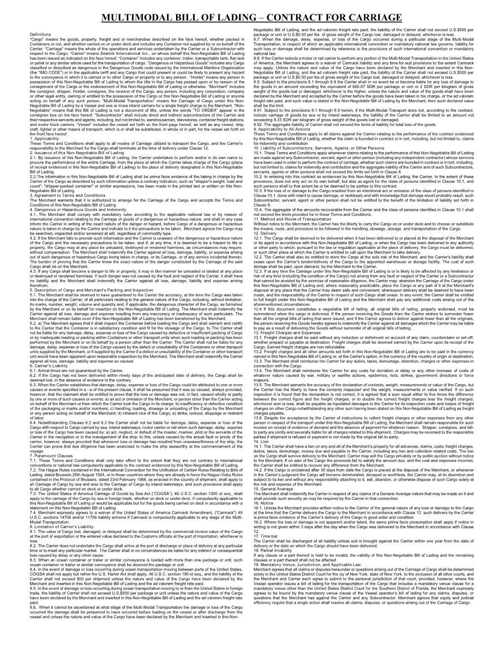 Multimodal Bill of Lading – Contract for Carriage