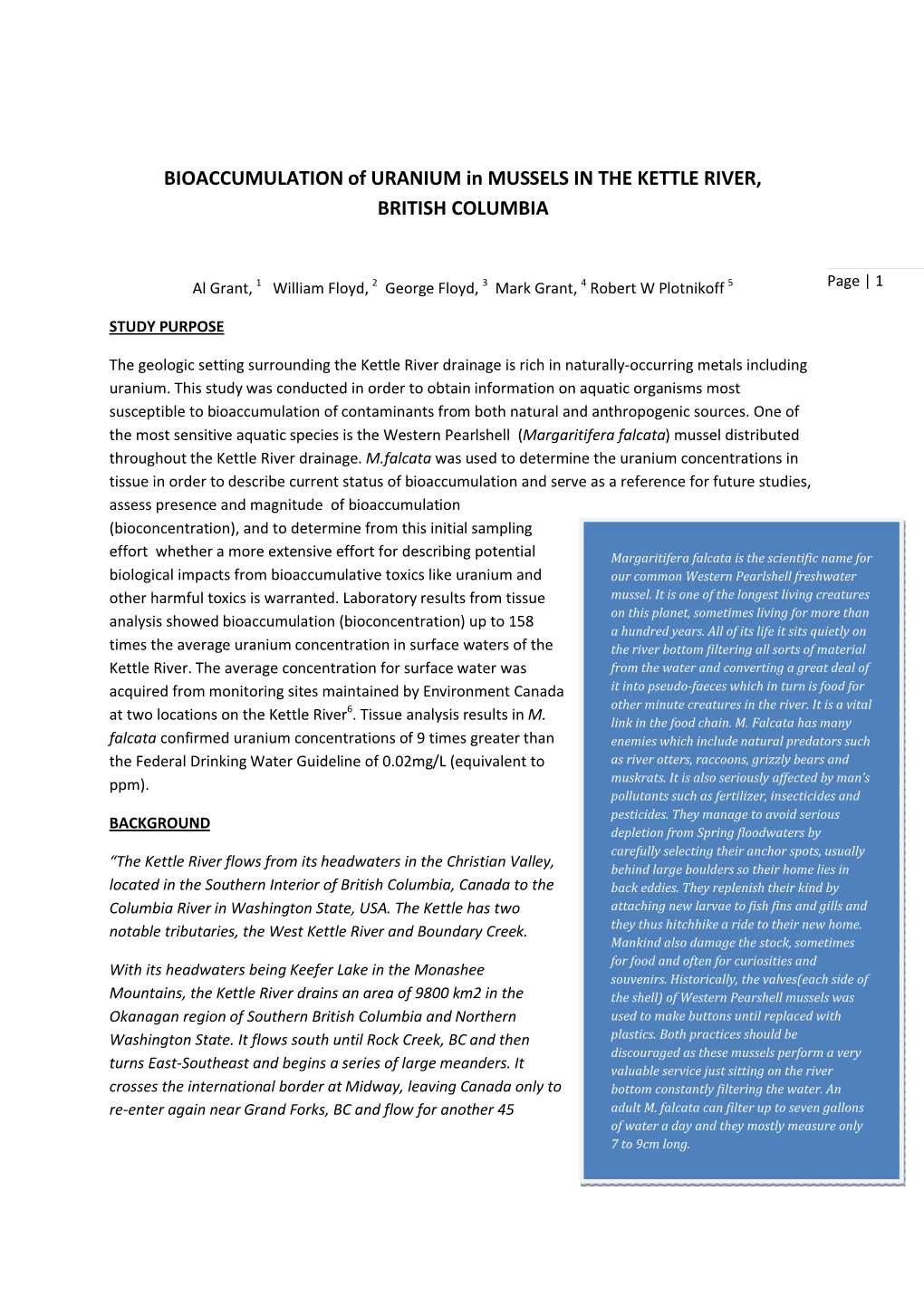 BIOACCUMULATION of URANIUM in MUSSELS in the KETTLE RIVER, BRITISH COLUMBIA