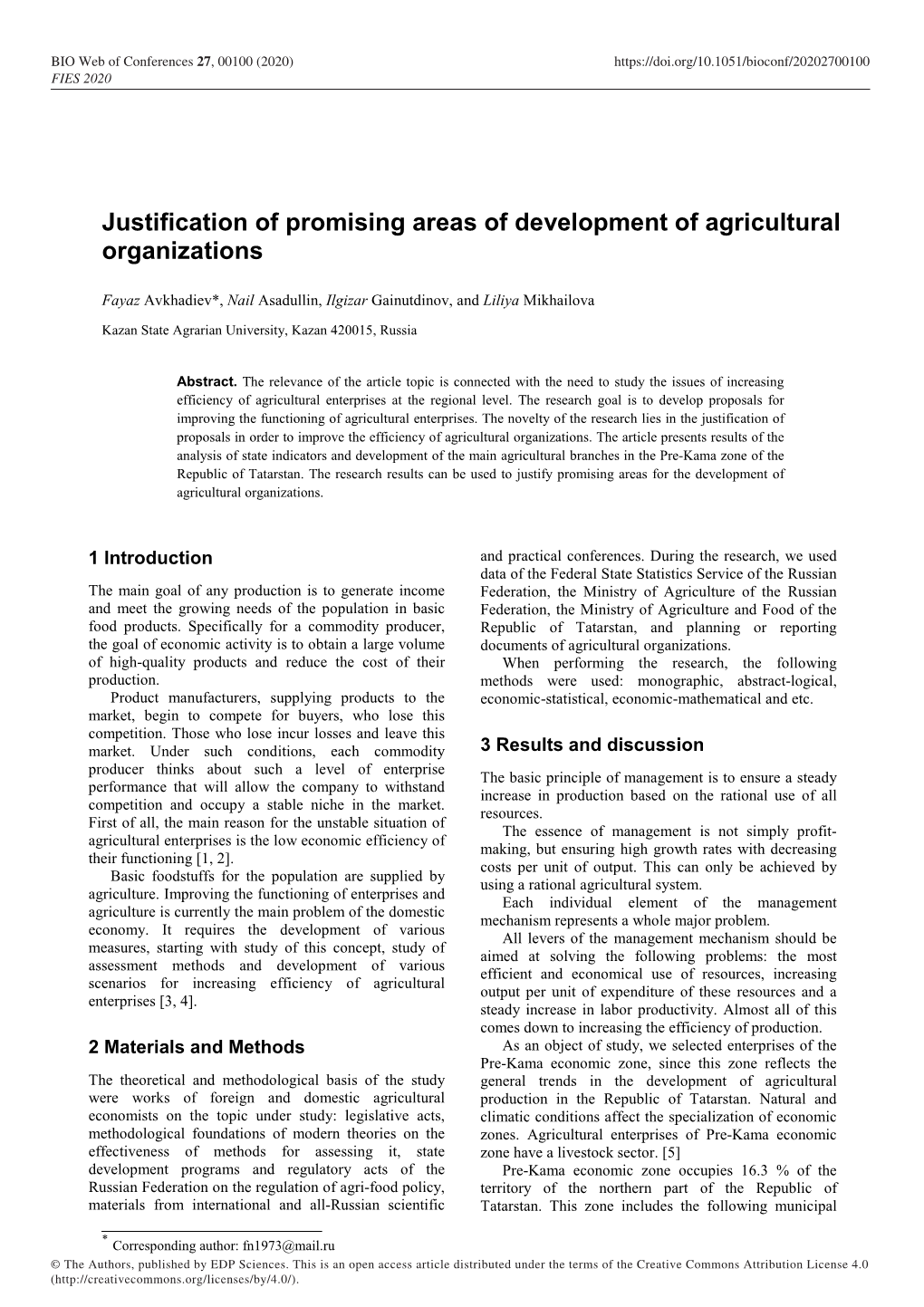 Justification of Promising Areas of Development of Agricultural Organizations